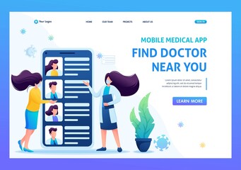 Use the mobile app to search for a doctor. Keeps a social distance and wears masks. Flat 2D. Vector illustration for a landing page
