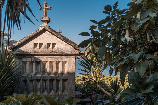The old town of Combarro has the largest collection of horreos (typical granaries) and Cruceiros (traditional Calvary sculptures) in Galicia, the town is near Sanxenxo, Pontevedra, Spain.