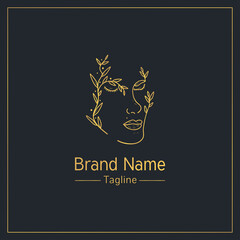 Female face made of leaf golden feminine logo design template