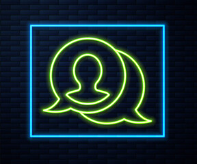 Glowing neon line Speech bubble chat icon isolated on brick wall background. Message icon. Communication or comment chat symbol. Vector.