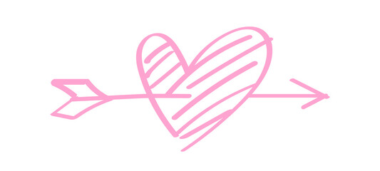 heart shape pink with arrow line isolated on white, heart pierced by an arrow for valentine's day concept, arrow and heart for clip art pink line, arrows hitting a heart shaped target