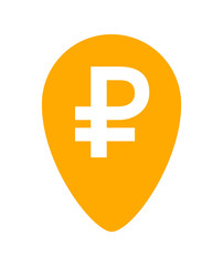 ruble currency symbol in pin point for icon, russia ruble money yellow orange, ruble money symbol in pointer pin, russian ruble currency coin for button info graphics flat simple, isolated on white