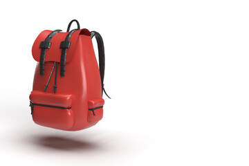 3d render of a red leather bagpack floating in air in a solid white gradient background with space for text.travel packing concept