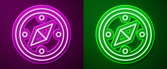 Glowing neon line Compass icon isolated on purple and green background. Windrose navigation symbol. Wind rose sign. Vector.