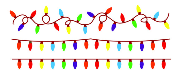 Dangle string lights vector. Colored bulb, bright string lights signs. Festive holiday decoration garland glowing light bulbs for the street home party lights. Think big Ideas. Christmas  (xmas)