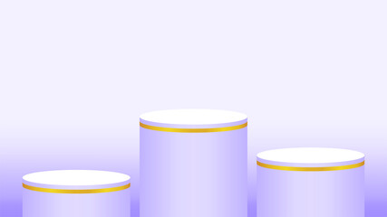 purple pedestal cylinder circle 3 steps for cosmetics showcase, podium circle stage purple pastel soft color, platform steps for advertising, podium round three layers of product display, copy space