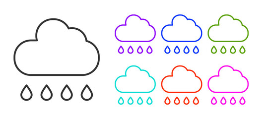 Obraz premium Black line Cloud with rain icon isolated on white background. Rain cloud precipitation with rain drops. Set icons colorful. Vector.