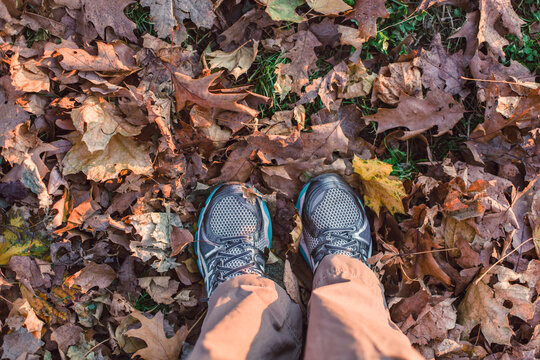 Feet standing in a pile of autumn leaves.