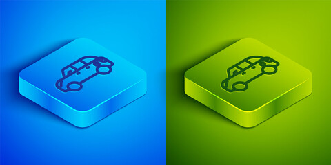 Isometric line Hatchback car icon isolated on blue and green background. Square button. Vector.