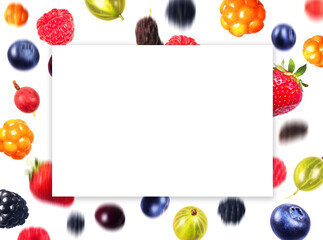 Various falling berries with space for inscription on a white background