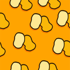 Seamless pattern woth potato on orange background. Modern scribble for kids, wallpaper, fabric, wrapping paper and gift. Colorful doodler art. Cartoon style. Hand drawn vector. Simple sketching pen. 