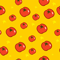 seamless pattern with tomato isolated on yellow background. hand drawn vector. modern scribble for kids, cover, fabric, wallpaper, wrapping paper and gift. cartoon style. colorful doodle art. 