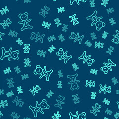 Fototapeta na wymiar Green line Teddy bear plush toy icon isolated seamless pattern on blue background. Vector.