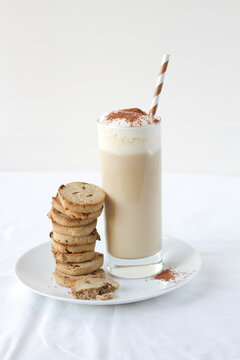 Chocolate chip cookies with a glass of latte