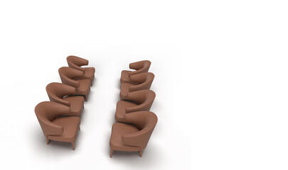 3d render of four set of brown single armchair sofa arranged facing each other in solid white background with space for text.meeting concept