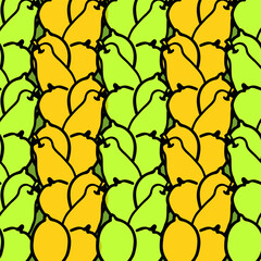 Seamless pattern with pear and lemon. Hand drawn vector. Modern scribble for kids, wallpaper, cover,  fabric, wrapping paper and gift. Cartoon style. Colorful doodle art. Simple sketch with pen. 