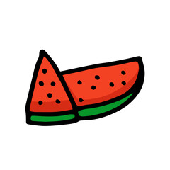 slice of watermelon vector isolated on white background. hand drawn vector. modern scribble for kids, logo, sticker, clip art. simple sketch, drawn with pen. cartoon style, colorful doodle art.