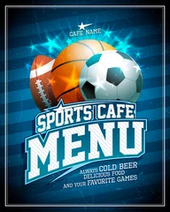 Fotobehang Sports cafe menu card cover design with football, basketball and rugby balls © LP Design