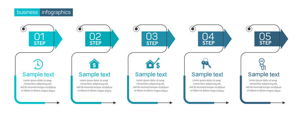 Vector business infographics design template with 5 options, steps or processes. Data visualization