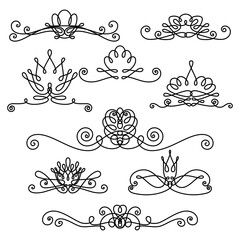 set of vintage design elements; stylized ornate flowers; decorative vignettes, borders, dividers; vector set