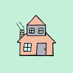 Hand drawn house, cartoon vector illustration. Simple sketching house with pencil, modern scribble. Hand drawn vector. Sketch house icon isolated on pastel background. Colorful doodle art for kids. 