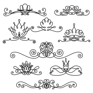 set of vintage design elements; stylized ornate flowers; decorative vignettes, borders, dividers; vector set