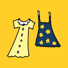 vector illustration of female clothes. hand drawn vector. modern scribble for kids, sticker, clipart. simple sketch, drawn with pen isolated on yellow background. cartoon style, doodle art. 