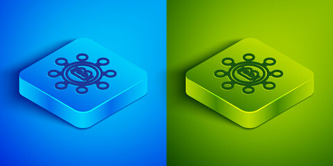 Isometric line Blockchain technology Bitcoin icon isolated on blue and green background. Abstract geometric block chain network technology business. Square button. Vector.