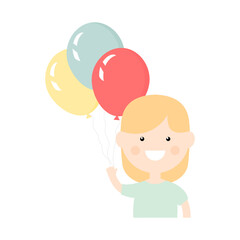 Little cute girl holding colorful balloons. Happy girl celebrate event vector illustration isolated on white