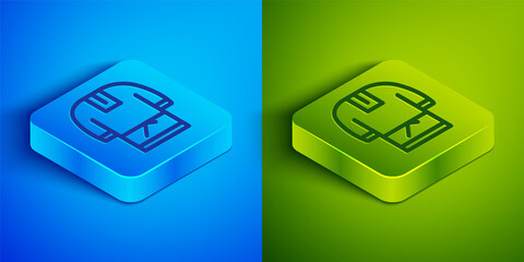 Isometric line Kosovorotka is a traditional Russian shirt icon isolated on blue and green background. Traditional national clothes. Square button. Vector.