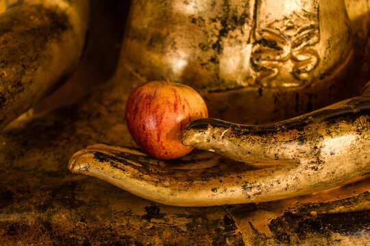 Close up an apple on the buddha statue hand in the shine