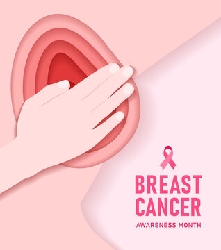 Breast cancer prevention self check papercut poster. Banner with breast cancer awareness symbol and place for text.