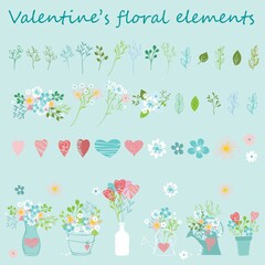 Valentine's Floral hand drawn vector set. Vector illustration.