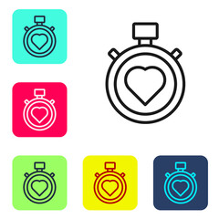 Black line Heart in the center stopwatch icon isolated on white background. Valentines day. Set icons in color square buttons. Vector.