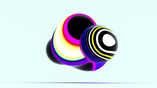 3d render with abstract art surreal alien substance based on deformed meta balls or spheres with parallel black lines pattern with purple yellow and green gradient neon light parts on white background