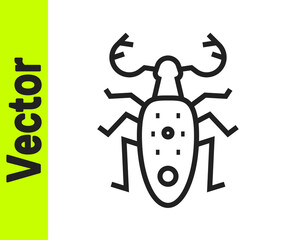 Black line Beetle deer icon isolated on white background. Horned beetle. Big insect. Vector.