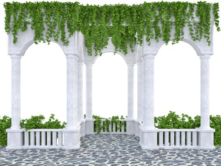 Arched colonnade with a balustrade entwined with ivy on a white background 3d rendering.psd