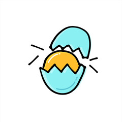 Broken egg vector illustration, simple sketch with pen isolated on white background. Modern scribble for kids, logo, sticker. Cartoon style. Hand drawn vector. Colorful doodle art. Flat illustration. 