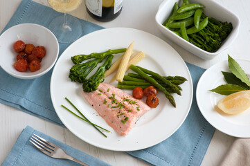steamed salmon fillet with fresh vegetables