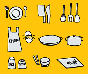 Set of kitchen utensils, doodle kitchenware isolated on yellow background. Hand drawn vector. Simple sketch, drawn with pen. Modern scribble with pen for kids, school, learning. Cartoon style. 