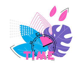 Linear chronometer on a background of leaves and abstract shapes in a flat style. Concept of time, vector illustration.