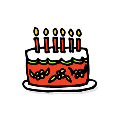 Birthday cake with candles illustration on white background. Hand drawn vector. Cartoon style. Colorful doodle art. Modern scribble for kids, logo, sticker, clipart. Simple sketch, drawn with pen. 