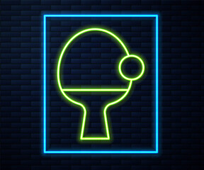 Glowing neon line Racket for playing table tennis icon isolated on brick wall background. Vector.