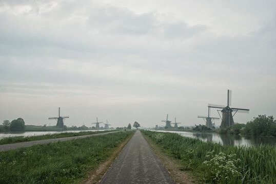 Windmills and footpath at Kinderdijk