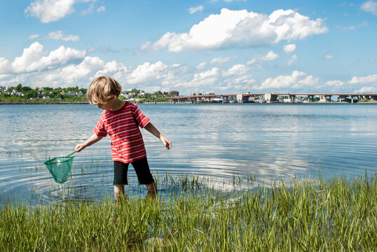 Boy with net wades in shallow waters