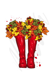 A bouquet of autumn leaves in rubber boots. Fashion and style, clothing and accessories. Vector illustration for a postcard or poster.