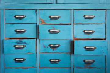 Old turquoise and brown colored wooden cabinet with drawers background