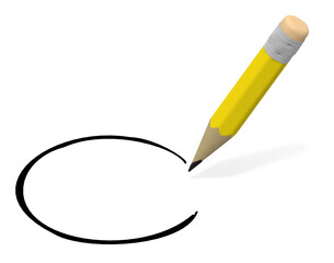 Yellow color pencil. Write a circle. A pencil with an eraser.