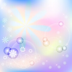 Fototapeta na wymiar Light flowers on a beautiful, multi-colored delicate background of pastel colors. Bright glare of stars, iridescent colors and a happy mood are depicted in the illustration.
