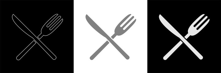 Crossed knife and fork black, white and grey icons isolated on white and black background. Vector illustration